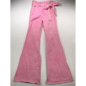 Flying‎ Tomato Pink Acid Wash Flare Jeans High Waist Paperbag Tie Belt Small